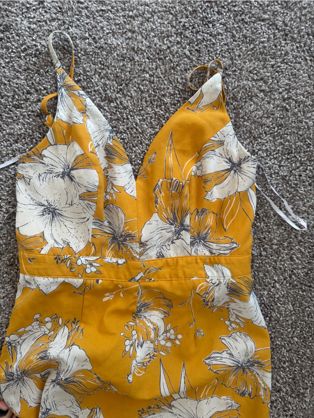 Lulu's Mustard Yellow Floral Satin Cami with White and Gray Print